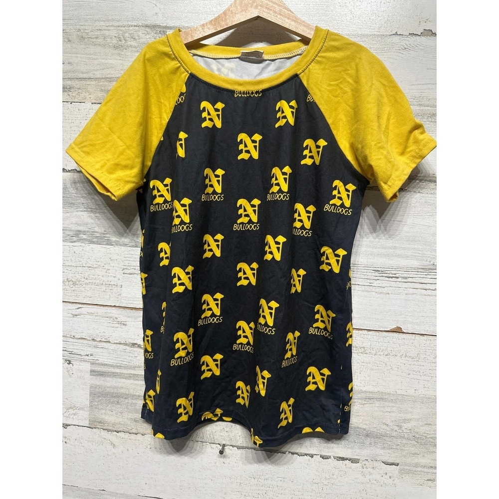 Bulldogs Raglan Shirt 10/12 Black Yellow All Over Print EUC